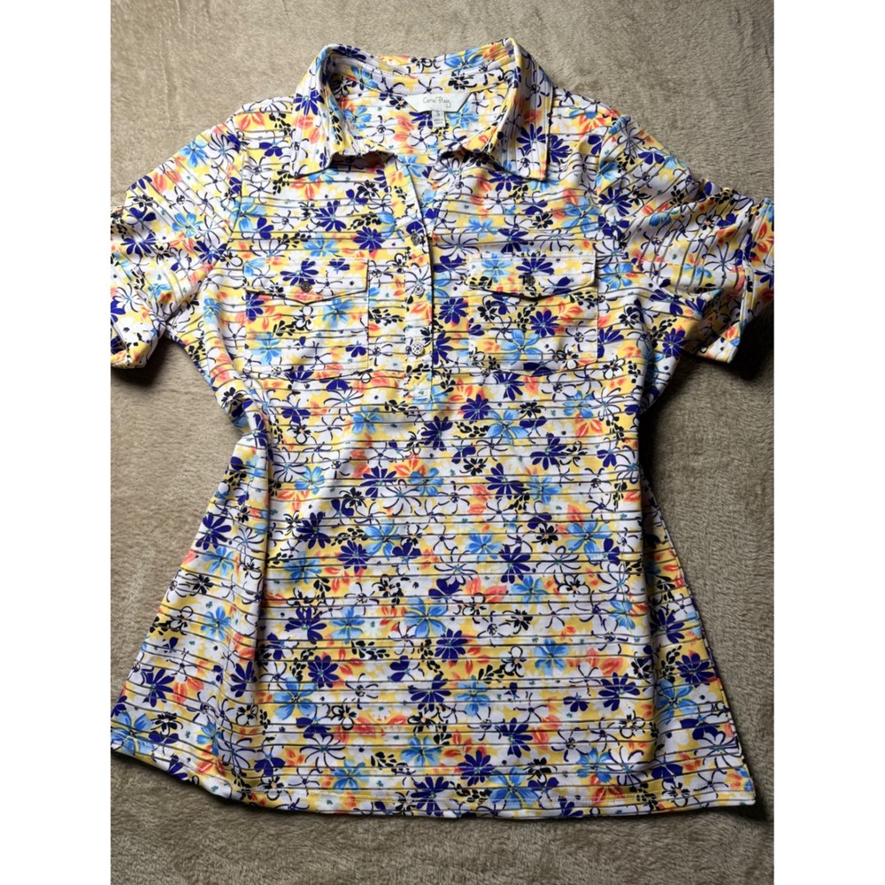 Coral Bay Women Floral‎ Stripe Polo Shirt Short Sleeve Size S Summer Lightweight